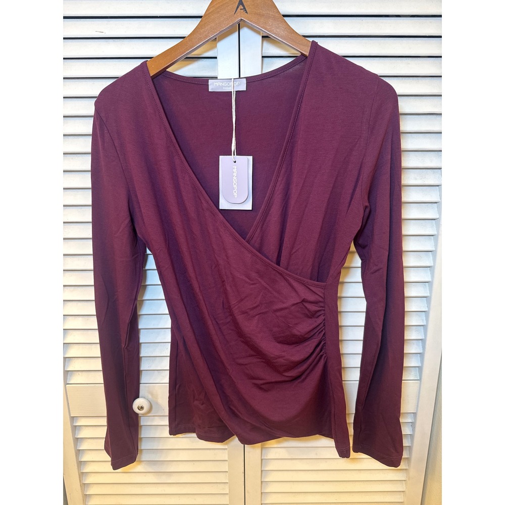 MangoPop Womens Long Sleeve Faux Wrap V-Neck Top Plum Purple Ruched Medium NWT